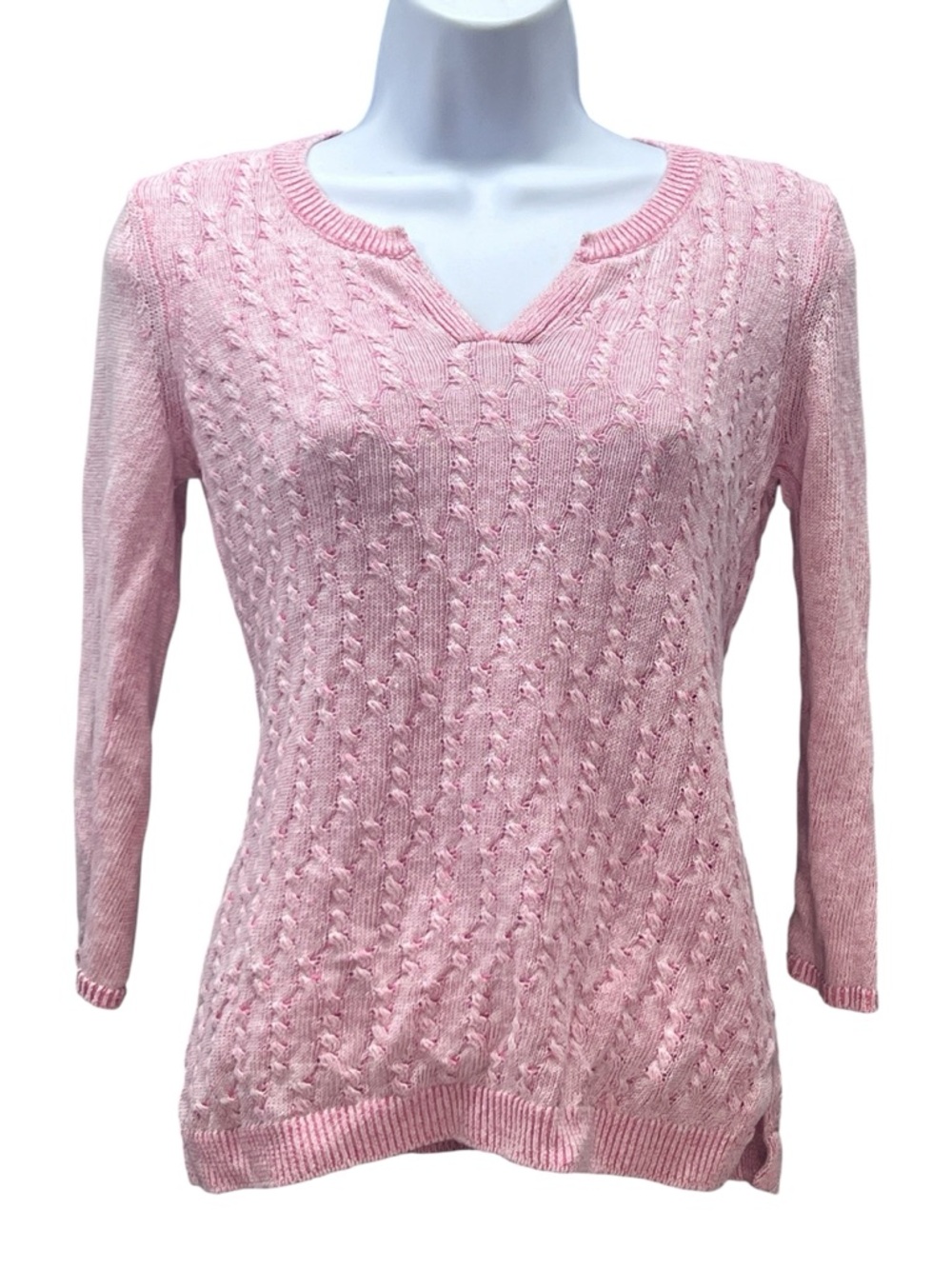 Tommy Bahama Pink Linen Sweater XS Cable Knit Lightweight 3/4 Sleeve